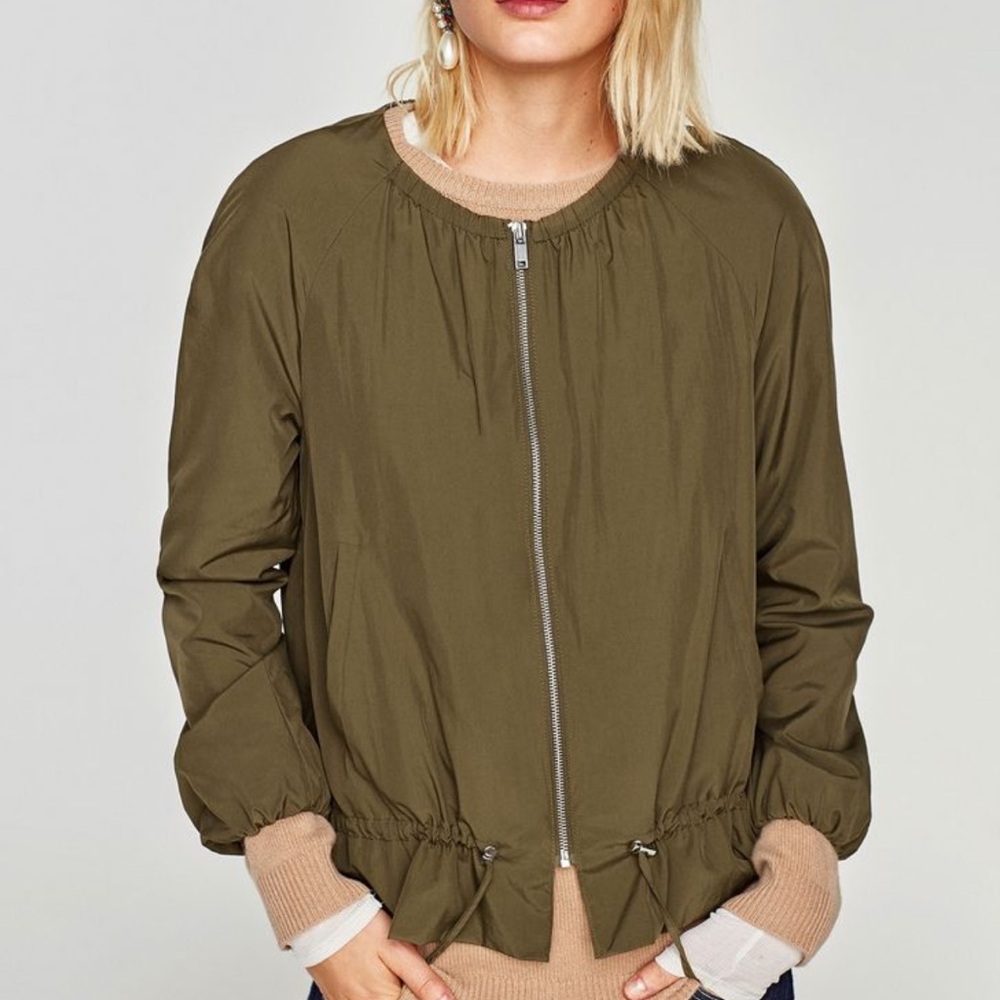 Zara Olive Green Zip-Up Bomber Jacket